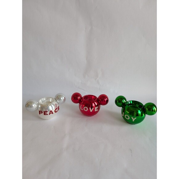 Disney Christmas Mickey Mouse Ear Candle Votive Holders Glass Peace Joy Love - Picture 5 of 5
